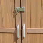 Wooden door with metal handle and lock.