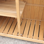 Close-up of a wooden slatted storage unit.