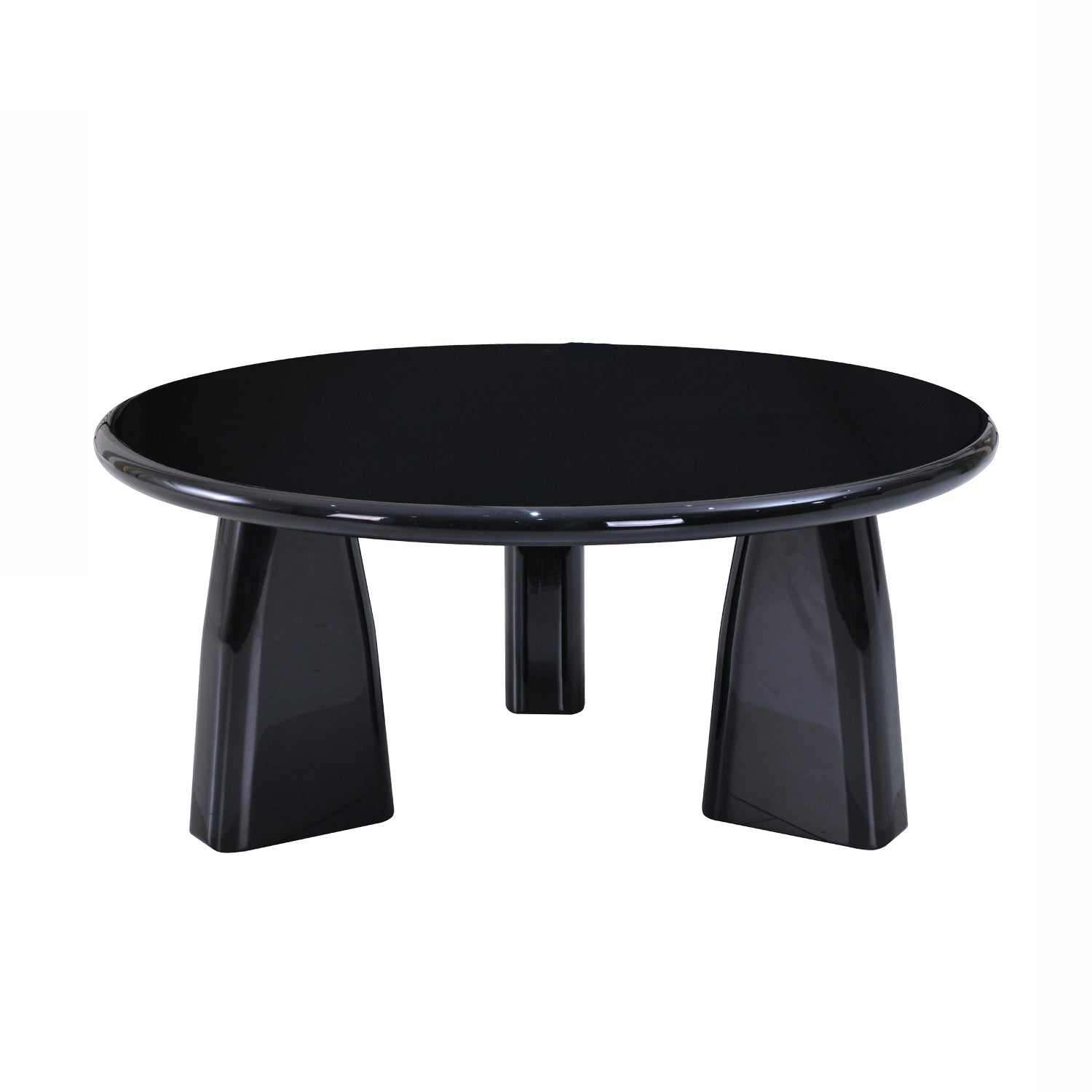 Design Republique black lacquer coffee table with a round top and sculptural legs on a white background.