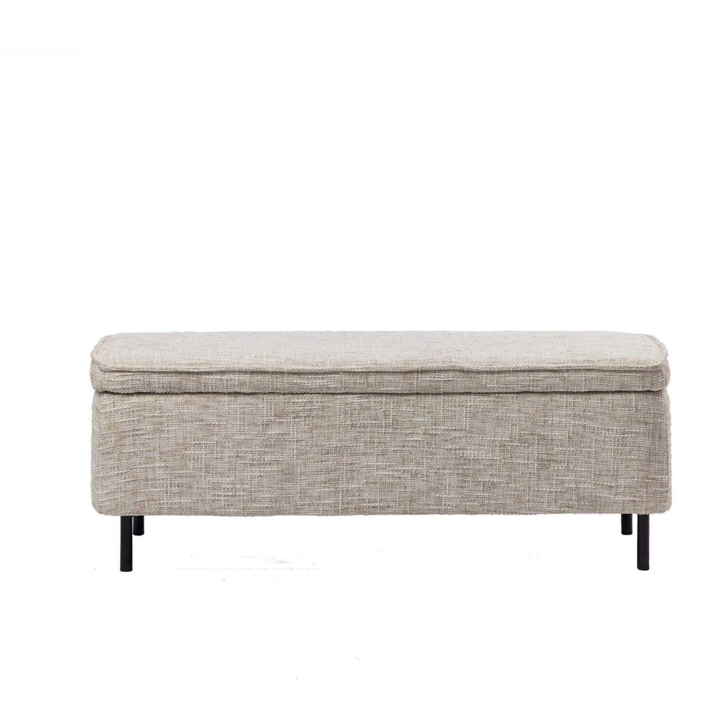 Design Republique oatmeal upholstered storage bench with a textured fabric finish and black metal legs on a white background.
