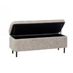 Design Republique oatmeal upholstered storage bench with the lid open, revealing spacious hidden storage and soft-close gas lift hinges.