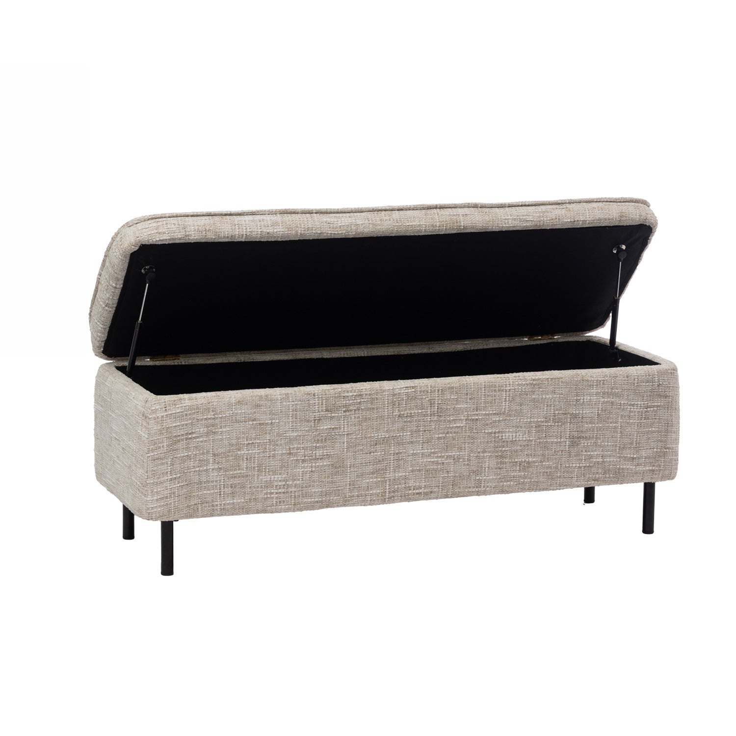 Design Republique oatmeal upholstered storage bench with the lid open, revealing spacious hidden storage and soft-close gas lift hinges.