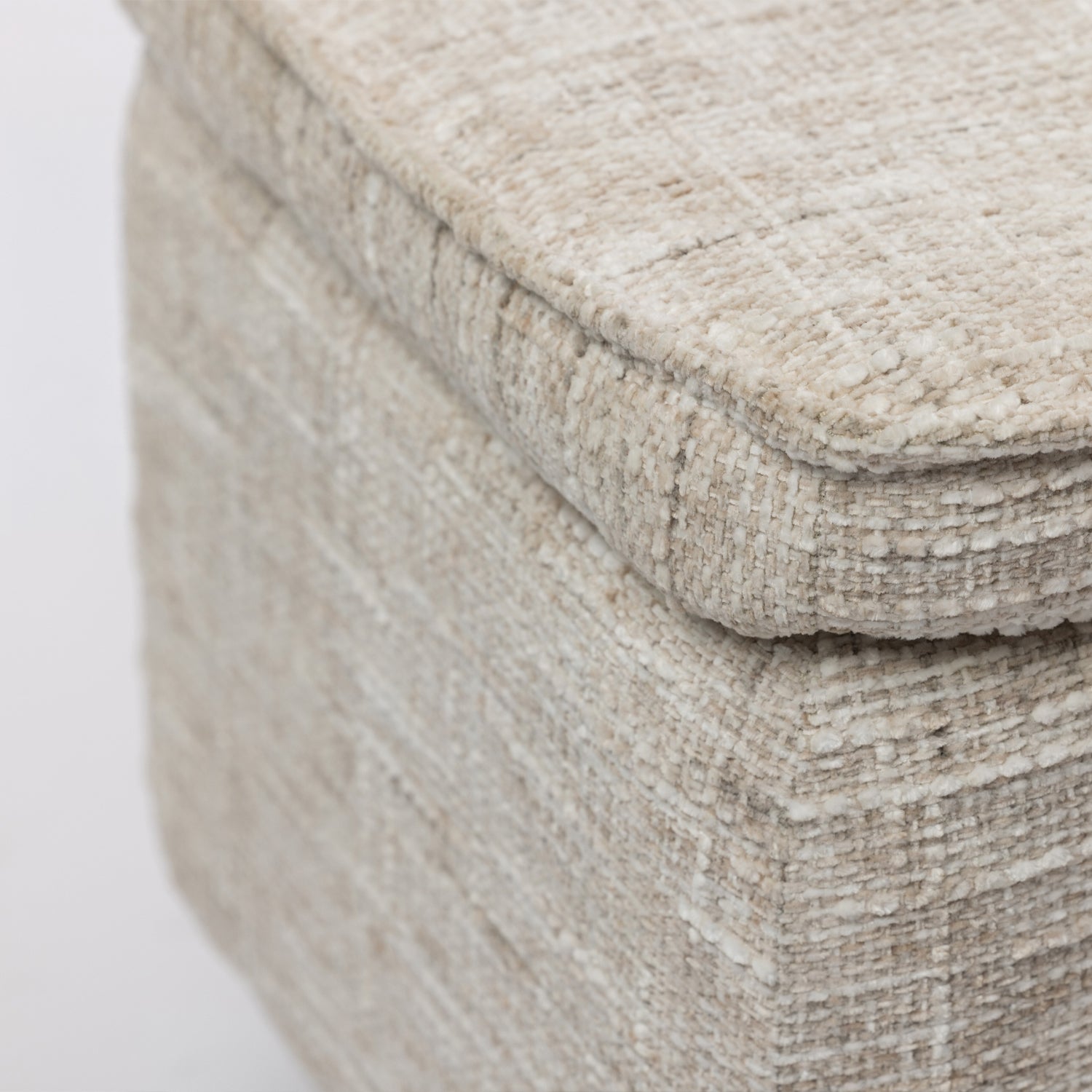 Close-up of the Design Republique oatmeal upholstered storage bench showcasing the textured woven fabric and cushioned lid.