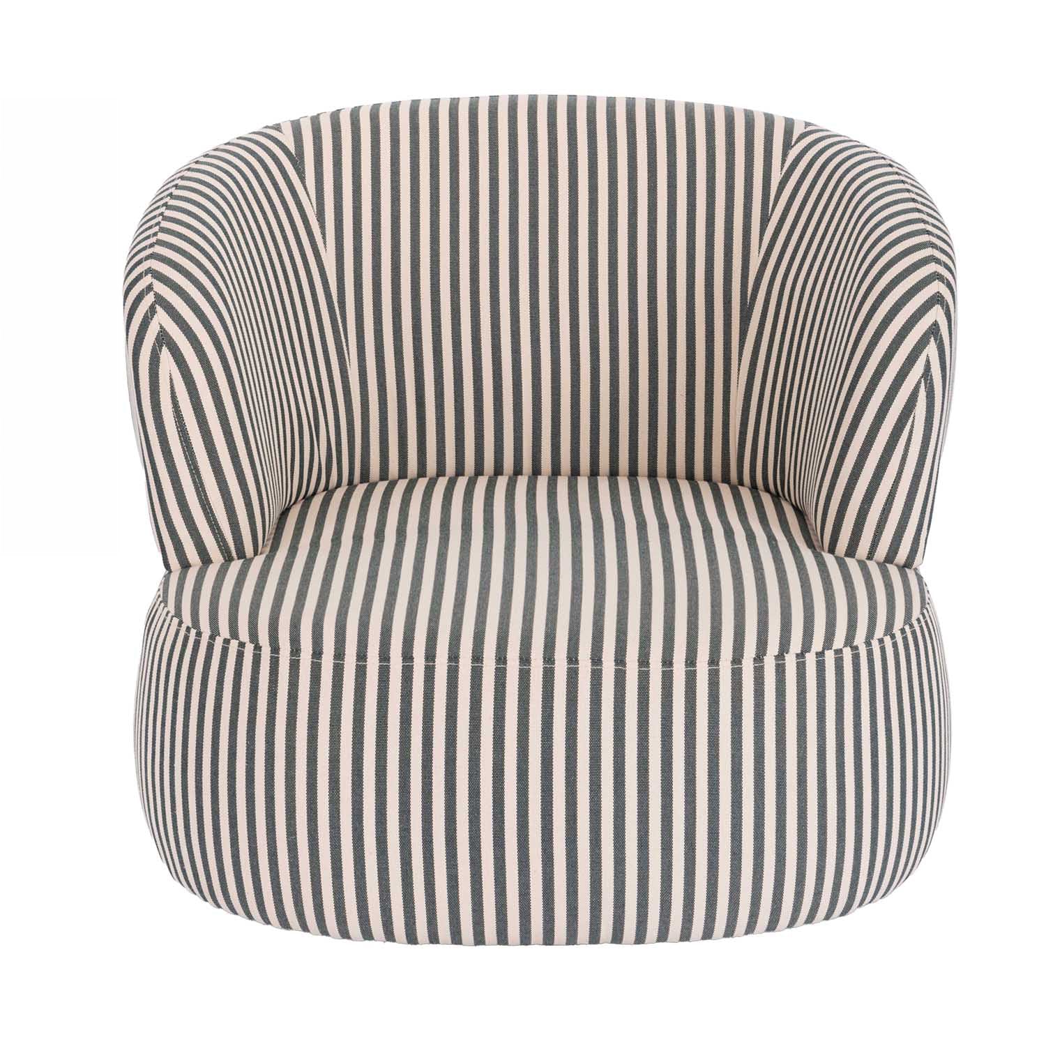 Front view of the Design Republique Eve Swivel Chair in green and cream stripe upholstery.