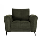 Design Republique Nado armchair in moss shown front-on with wide padded arms, two back cushions and black legs.