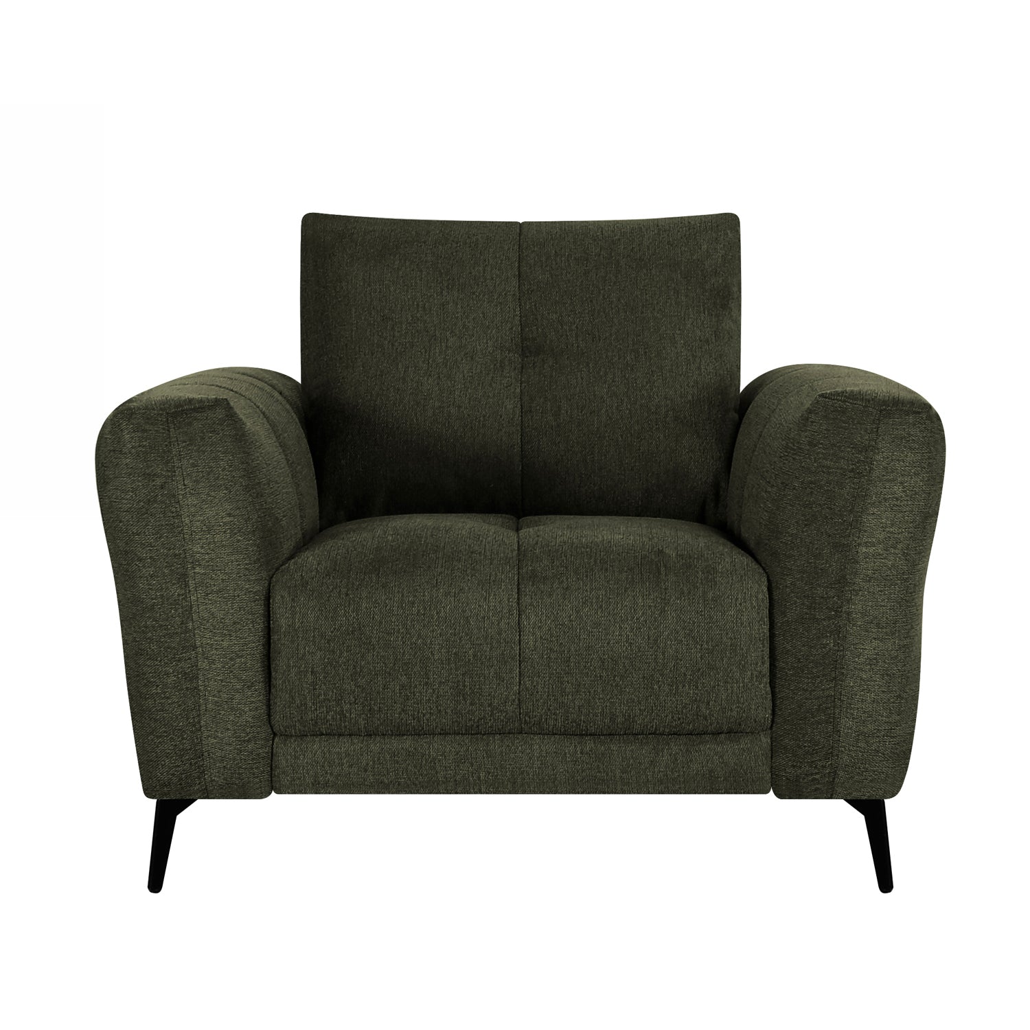 Design Republique Nado armchair in moss shown front-on with wide padded arms, two back cushions and black legs.