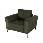 Design Republique Nado armchair in moss shown from an angled view, highlighting the textured fabric and deep cushioned seat.