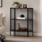 Design Plus Gatsby Metal 3 Tier Shelf in black styled in a living room with plants, books, bowls, vases and decorative accessories.