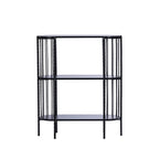 Front view of the Design Plus Gatsby Metal 3 Tier Shelf in black, featuring three shelves and decorative vertical metal detailing.