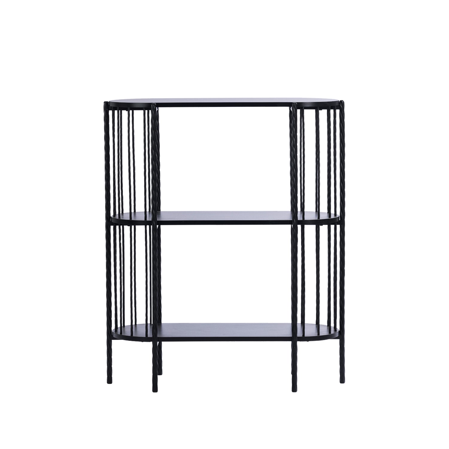 Front view of the Design Plus Gatsby Metal 3 Tier Shelf in black, featuring three shelves and decorative vertical metal detailing.