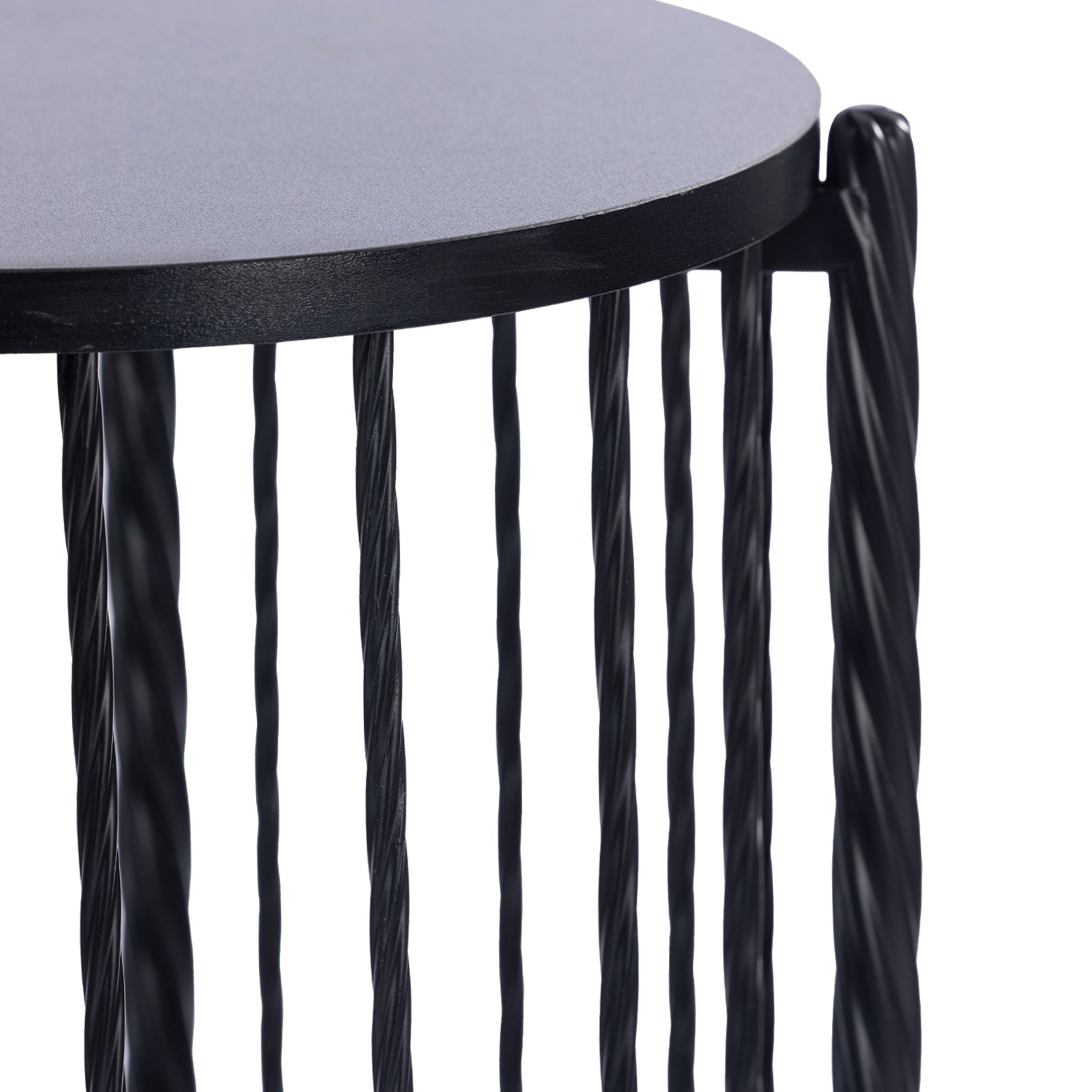 Close-up of the Design Plus Gatsby Metal 3 Tier Shelf showing the black shelf surface and textured twisted metal frame detailing.