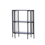 Angled view of the Design Plus Gatsby Metal 3 Tier Shelf in black, showing the open three-tier design and decorative metal frame.