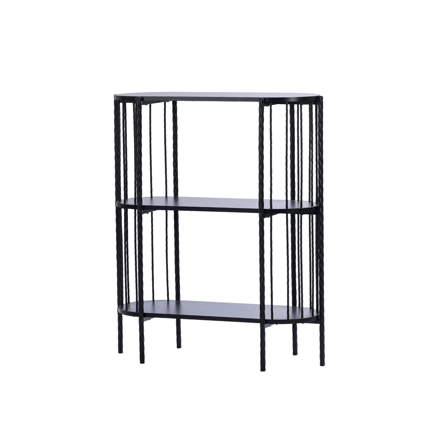 Angled view of the Design Plus Gatsby Metal 3 Tier Shelf in black, showing the open three-tier design and decorative metal frame.