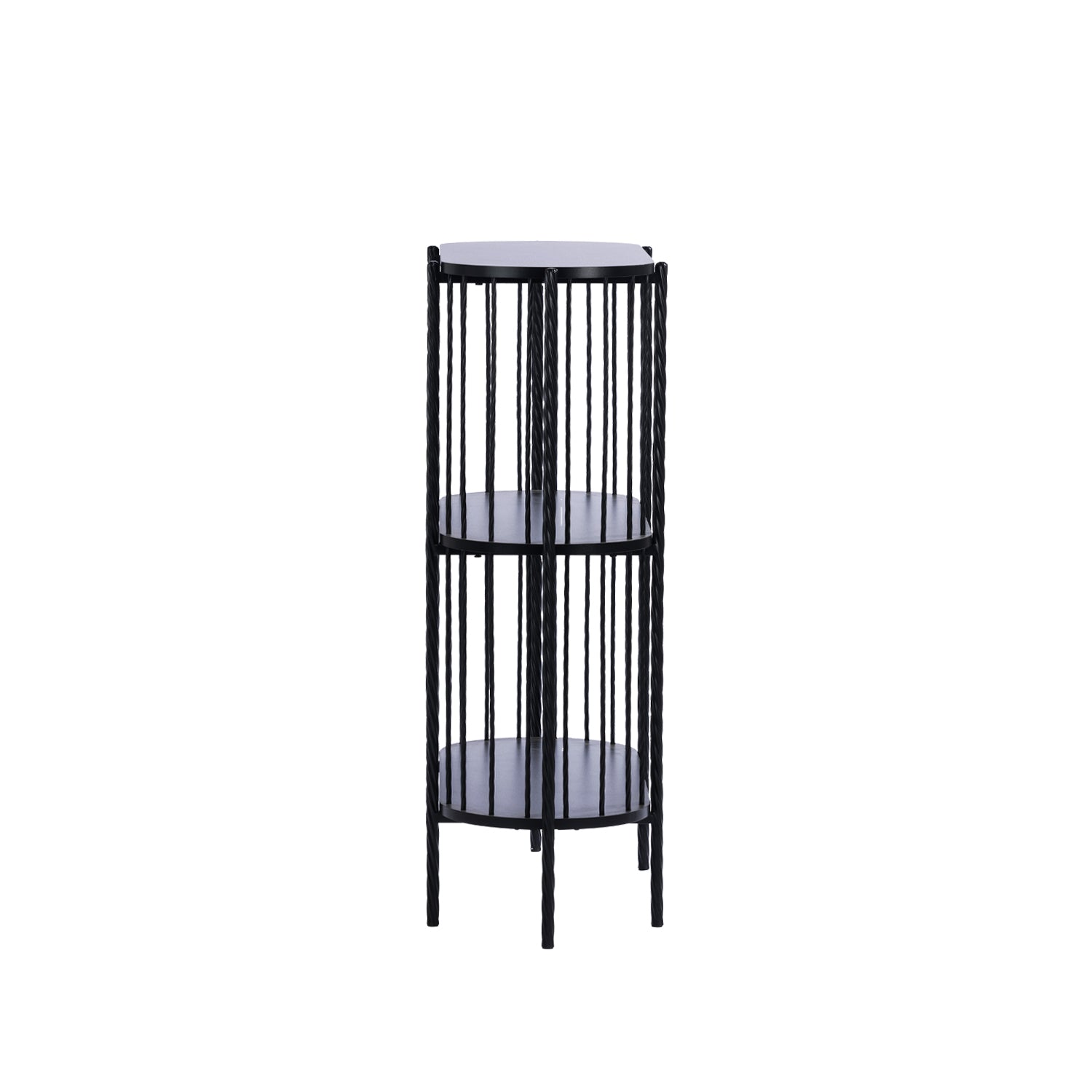 Side view of the Design Plus Gatsby Metal 3 Tier Shelf in black, highlighting the narrow profile and three shelf levels.
