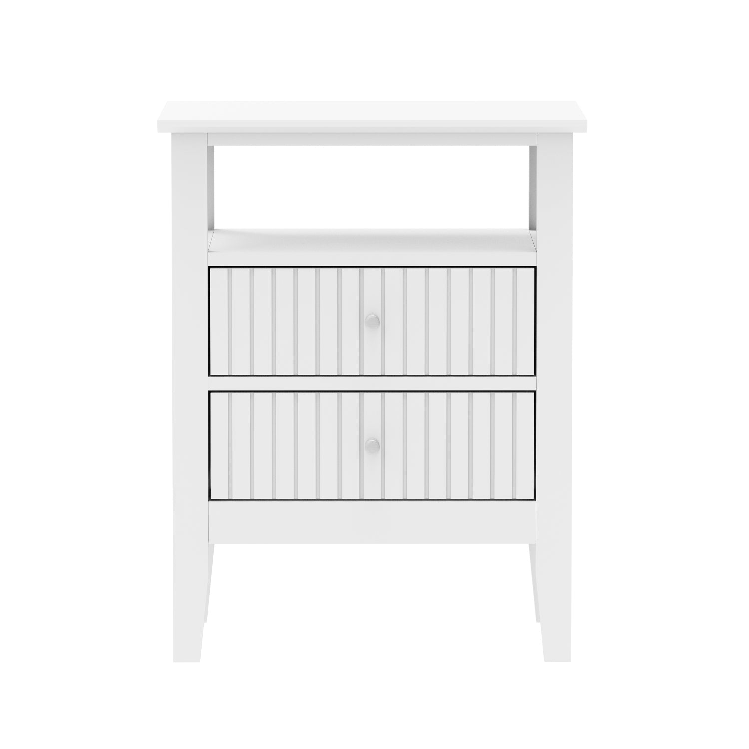 A white wooden nightstand or side table with an open shelf on top and two vertically paneled drawers below is shown against a plain light background.