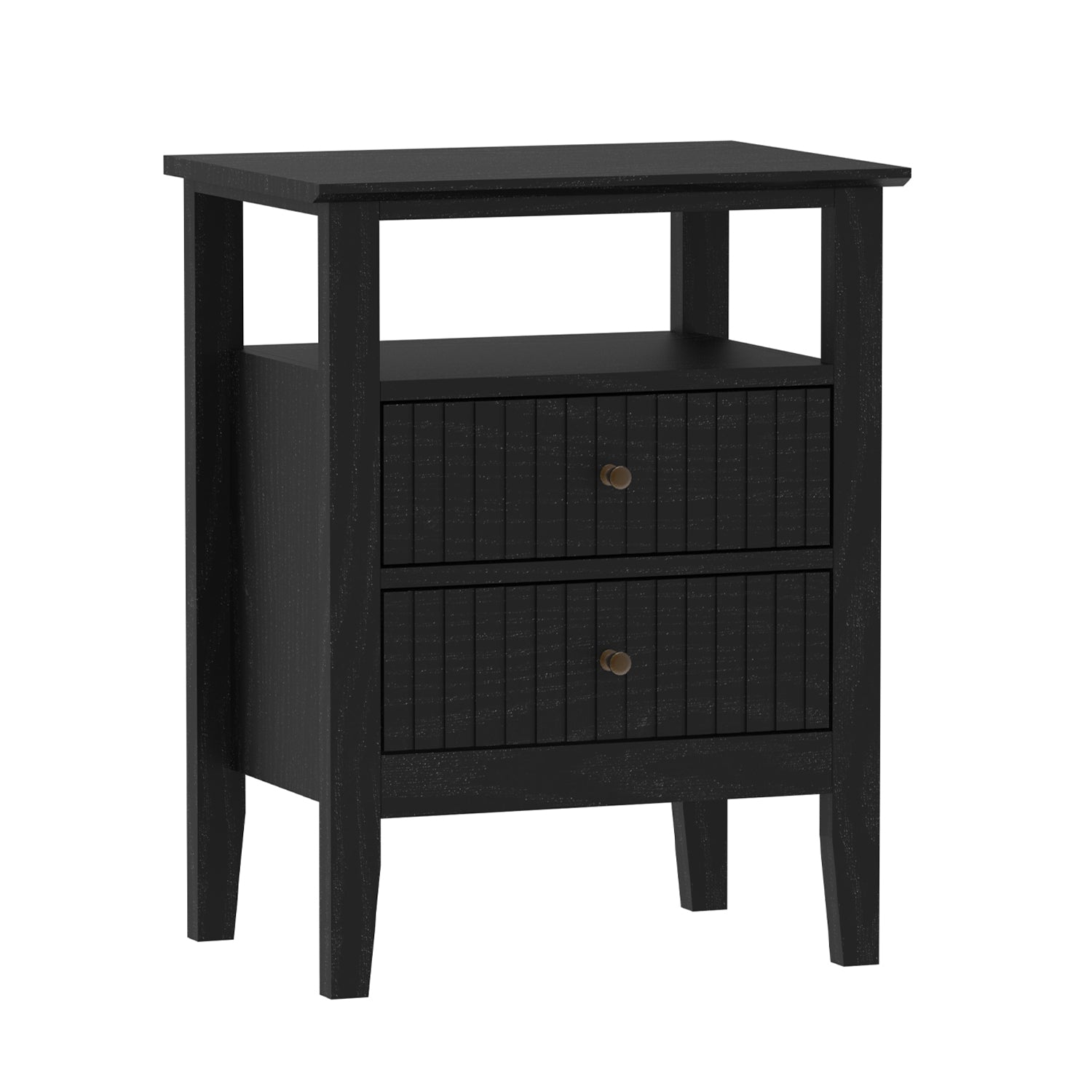 A black wooden nightstand or side table with an open shelf on top and two vertically paneled drawers below is shown against a plain light background.