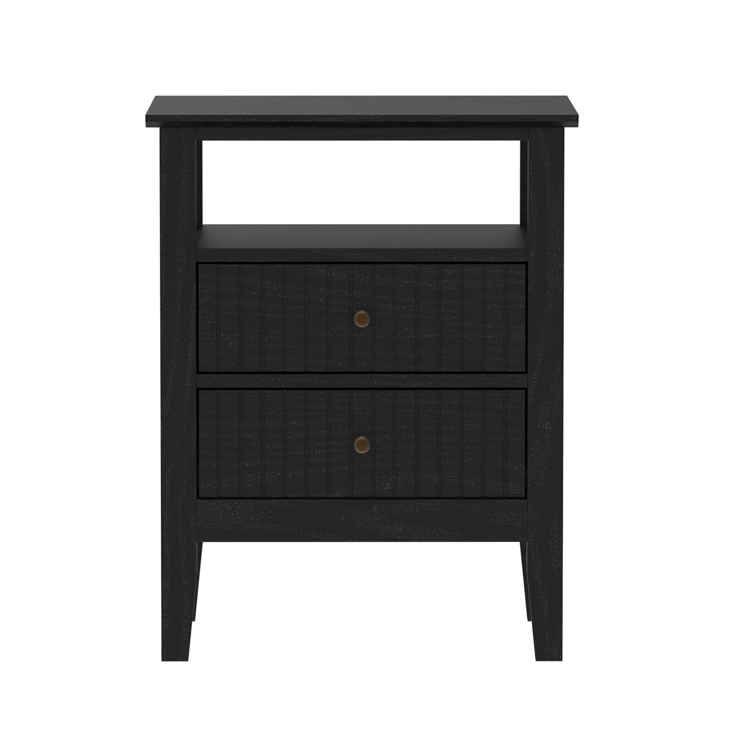 A black wooden nightstand or side table with an open shelf on top and two vertically paneled drawers below is shown against a plain light background.