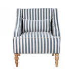 A blue and white striped upholstered accent armchair with turned wooden legs and a matching lumbar cushion offers classic coastal style and inviting comfort.