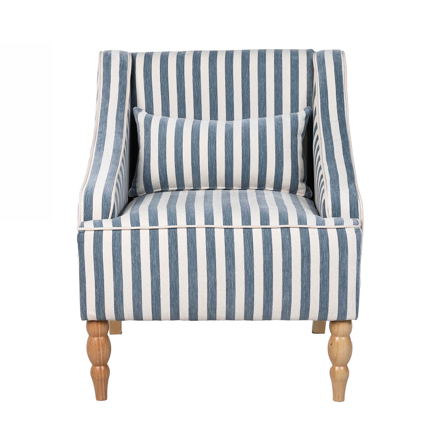 A blue and white striped upholstered accent armchair with turned wooden legs and a matching lumbar cushion offers classic coastal style and inviting comfort.