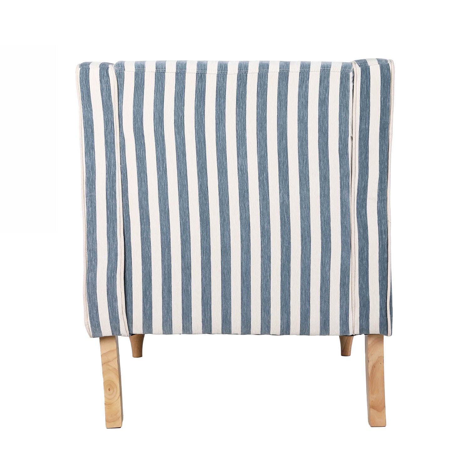 A blue and white striped upholstered accent armchair with turned wooden legs offers classic coastal style and inviting comfort.