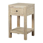 Wooden side table with a drawer on a white background