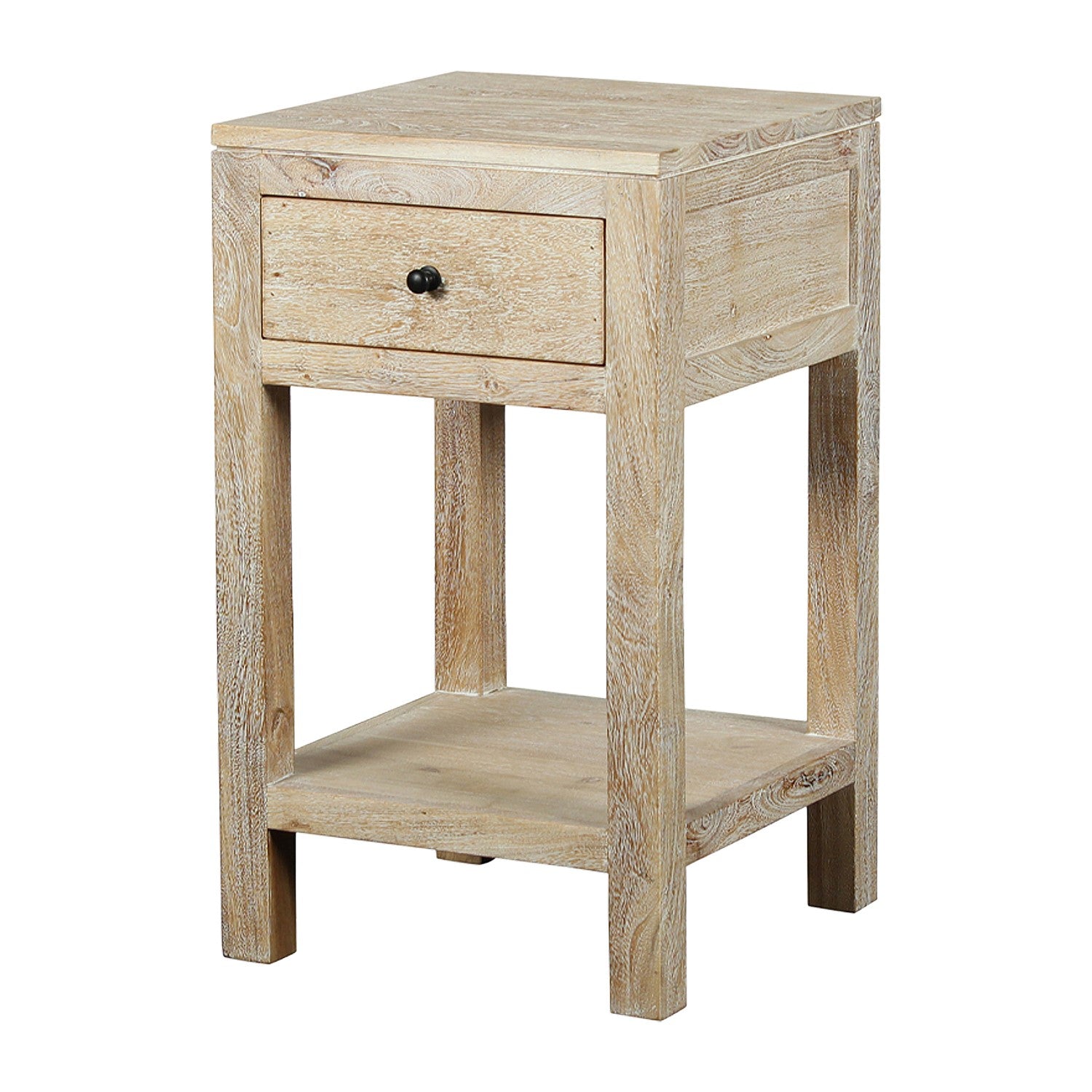 Wooden side table with a drawer on a white background