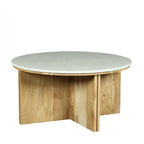 Design Republique Sara marble coffee table with a round white marble top and natural wood base on a white background.