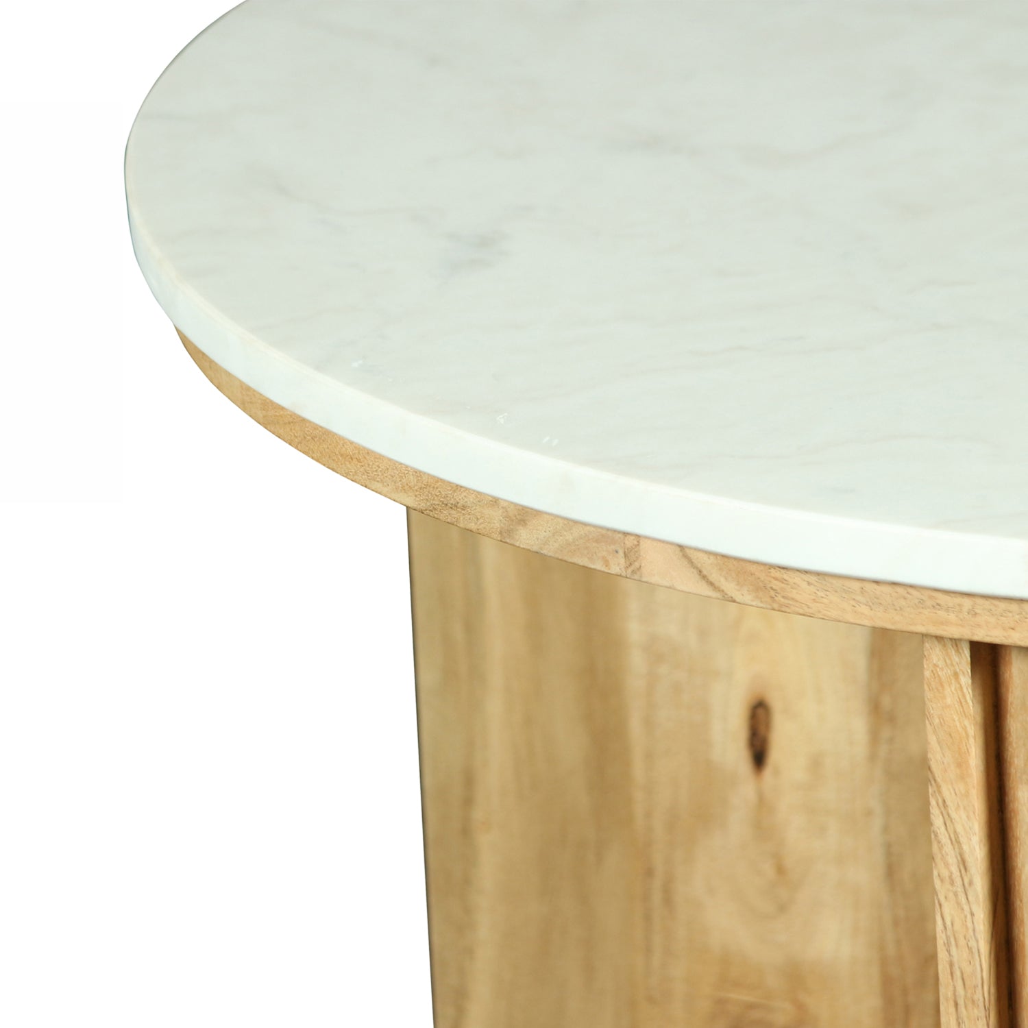 Close-up of the Design Republique Sara coffee table showing the round white marble top and natural wood edge detail.