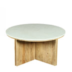 Design Republique Sara marble coffee table with a natural wood panel base and round white marble top.