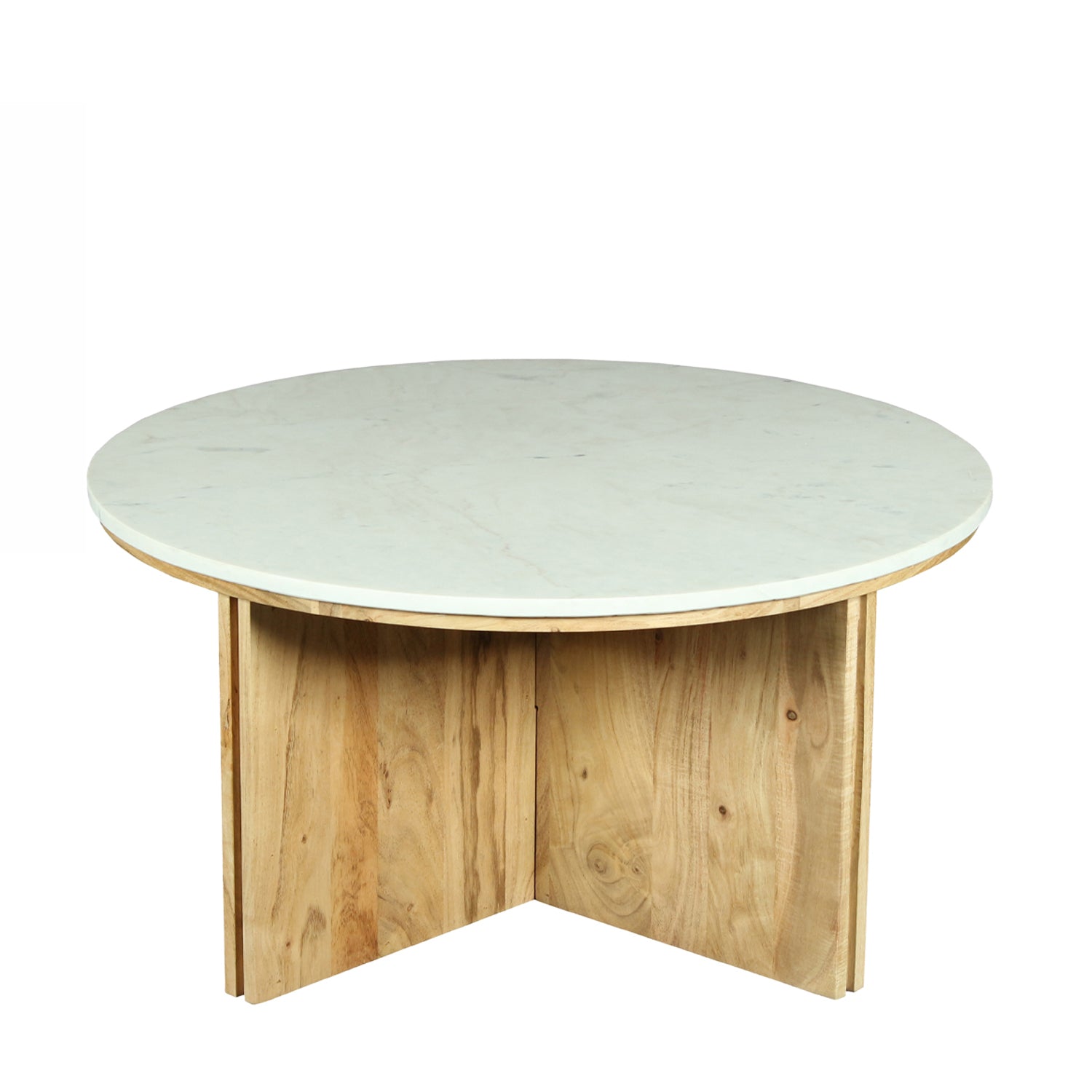 Design Republique Sara marble coffee table with a natural wood panel base and round white marble top.