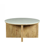 Design Republique Sara marble coffee table with a round marble top and natural wood base on a white background.