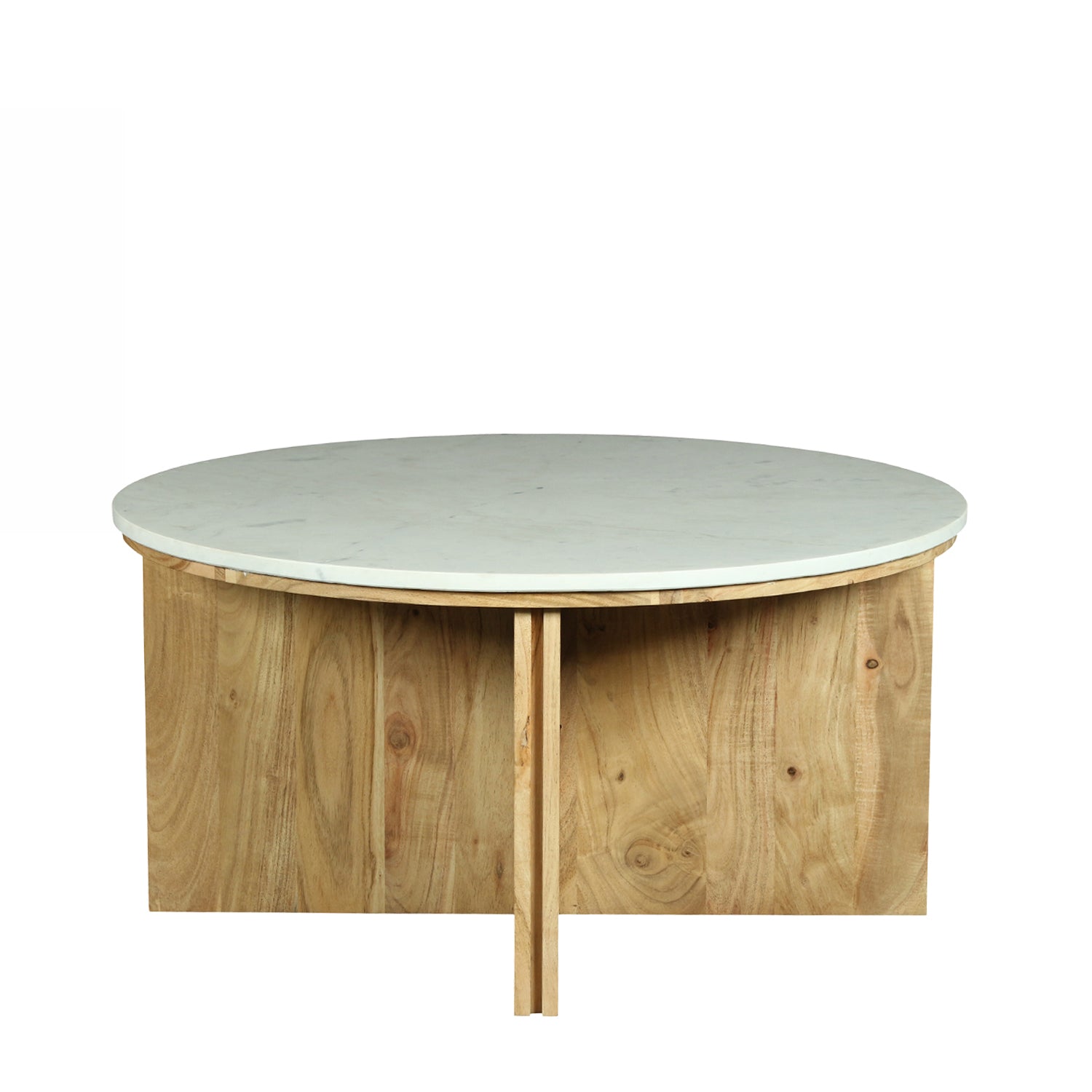Design Republique Sara marble coffee table with a round marble top and natural wood base on a white background.