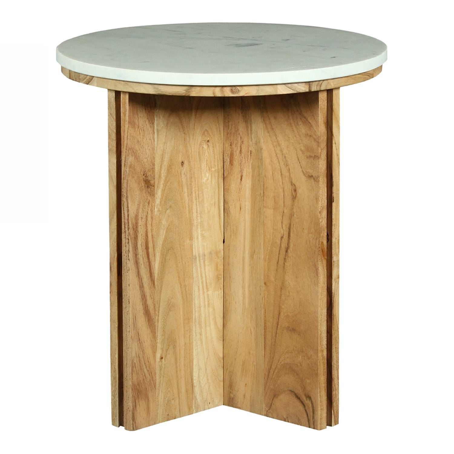 Design Republique Sara marble side table with a round white marble top and natural wood base on a white background.