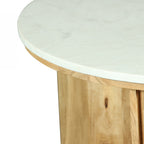 Close-up of the Design Republique Sara side table showing the round white marble top and natural wood edge detail.