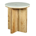 Design Republique Sara marble side table with a natural wood panel base and round white marble top.