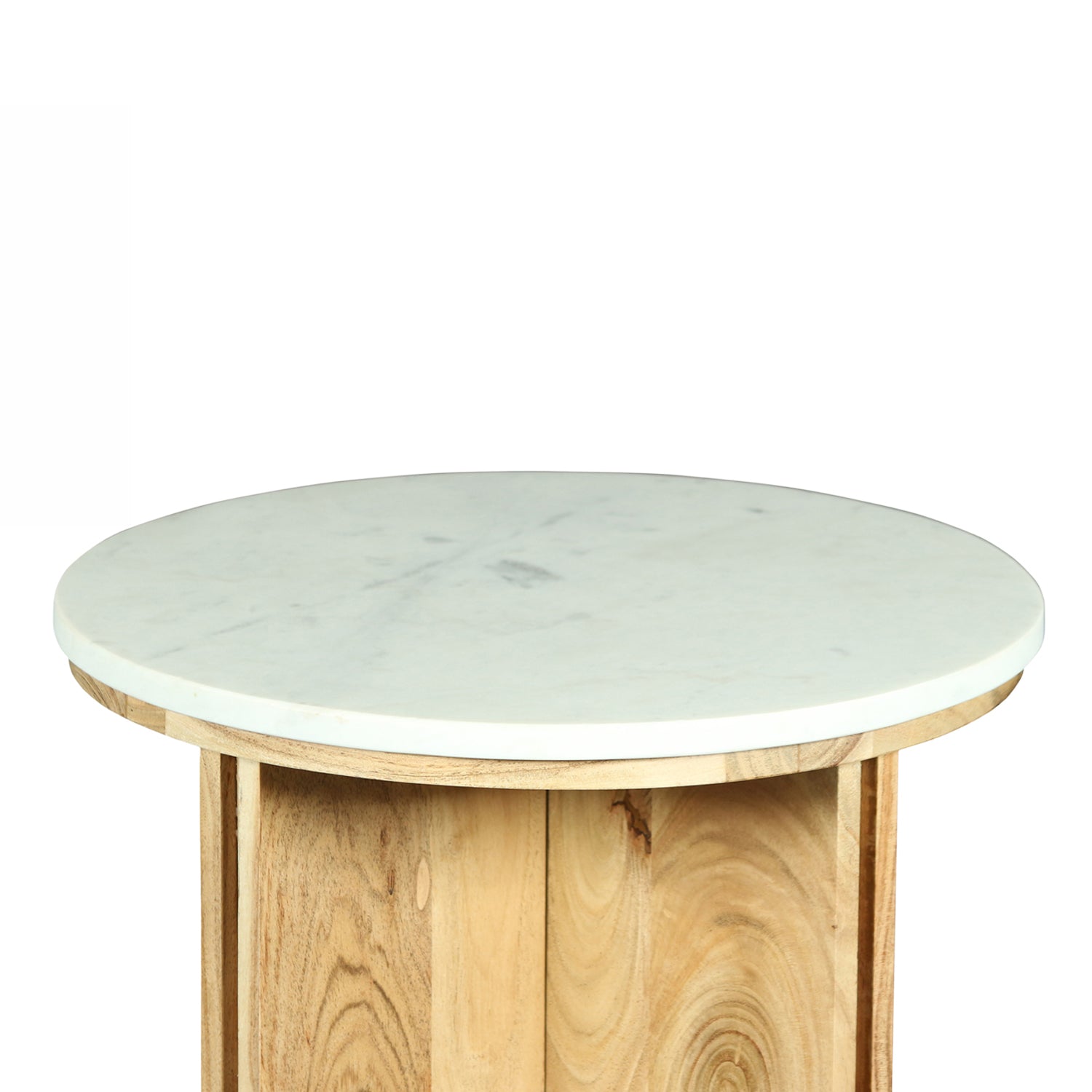 Close-up of the Design Republique Sara side table showing the round white marble tabletop and natural wood base.
