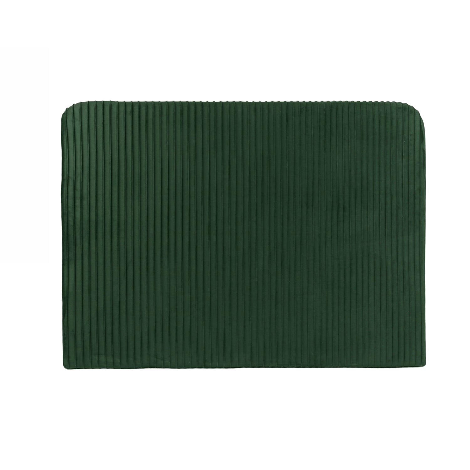 Emerald green pleated velvet headboard with a vertically channelled design and rounded top corners, shown front-on against a white background