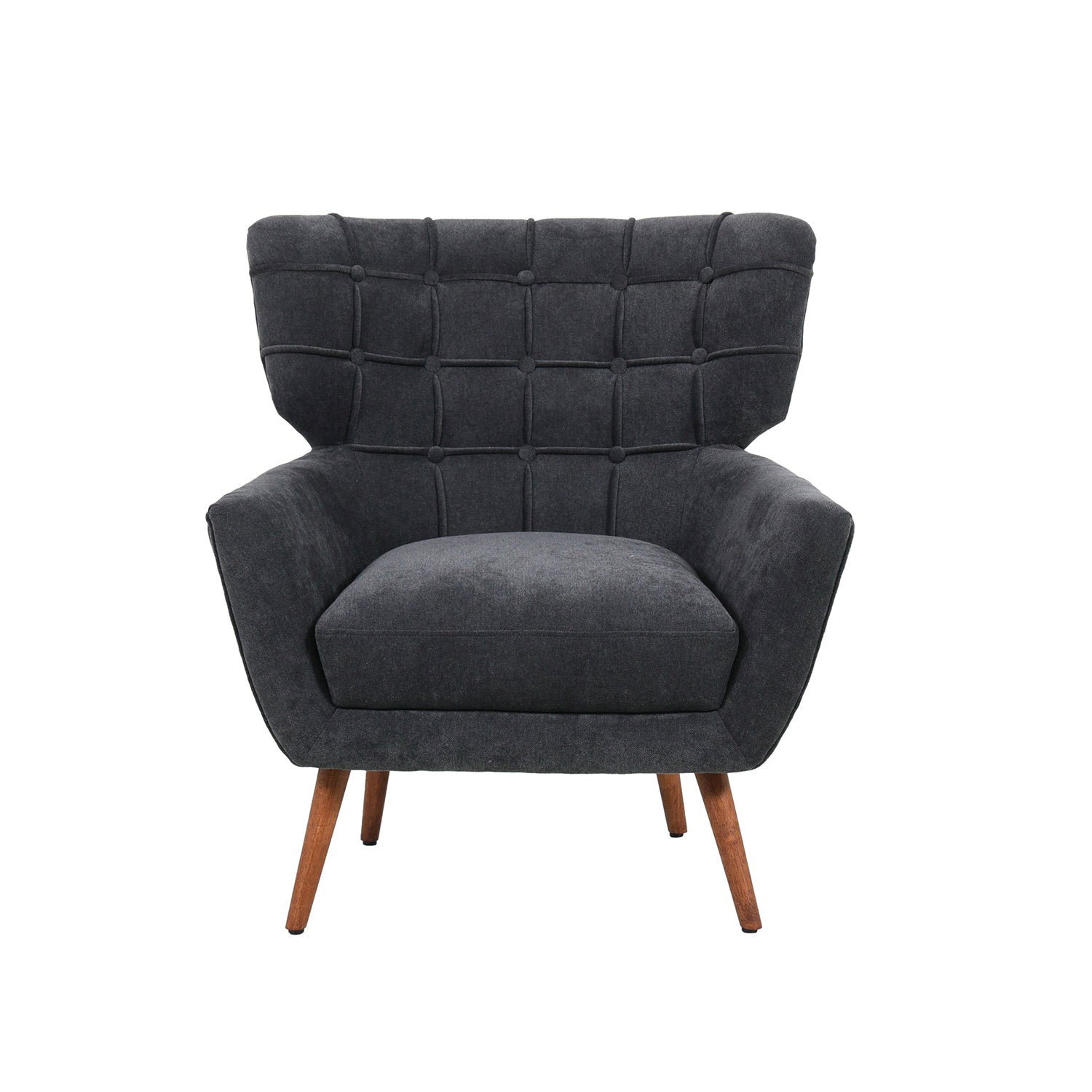 Charcoal upholstered armchair with a button-tufted wingback design, wide cushioned seat, angled armrests and tapered wooden legs.