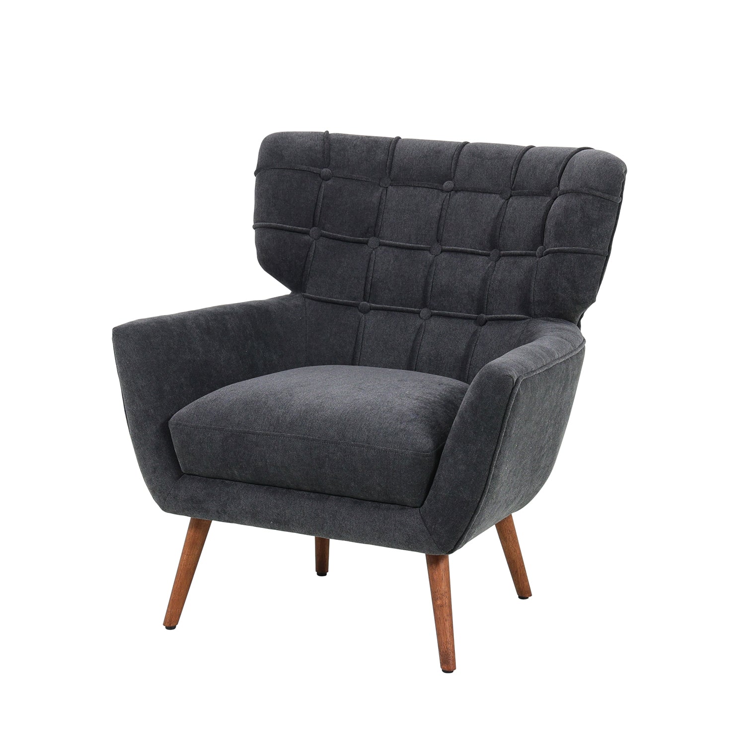 Charcoal upholstered accent armchair featuring a button-tufted wingback backrest, generously padded seat cushion and tapered wooden legs.