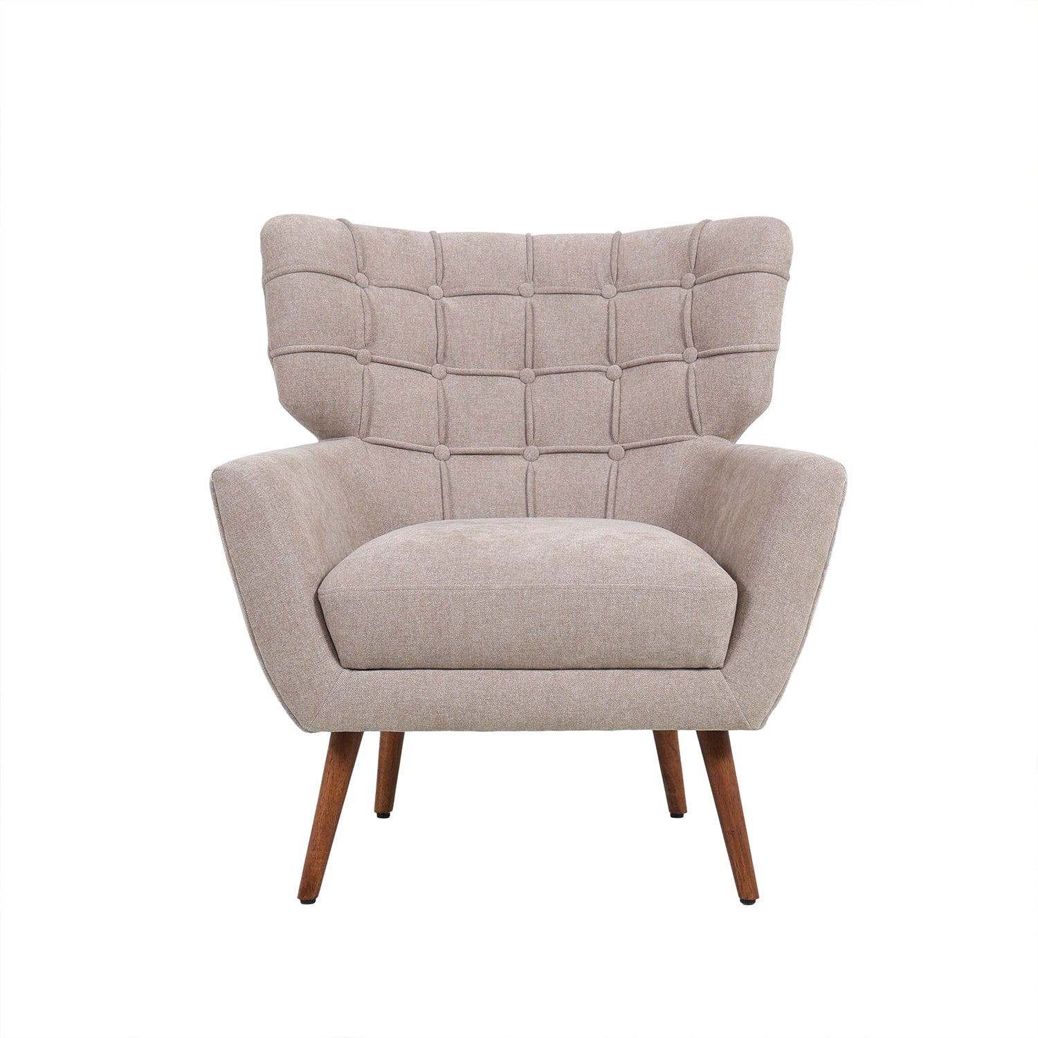 Natural upholstered armchair with a button-tufted wingback design, wide cushioned seat, supportive armrests and tapered wooden legs.