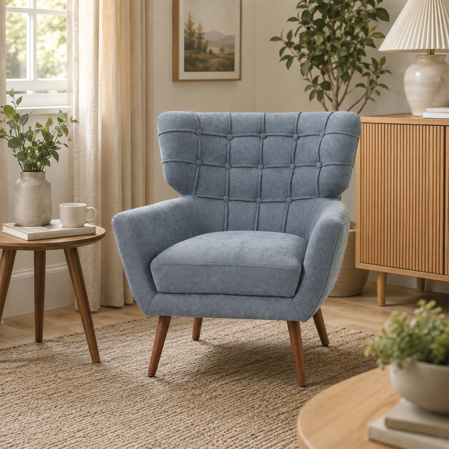 Grey-blue button-tufted accent armchair styled in a contemporary living room with natural wood furniture, neutral décor and soft natural lighting.