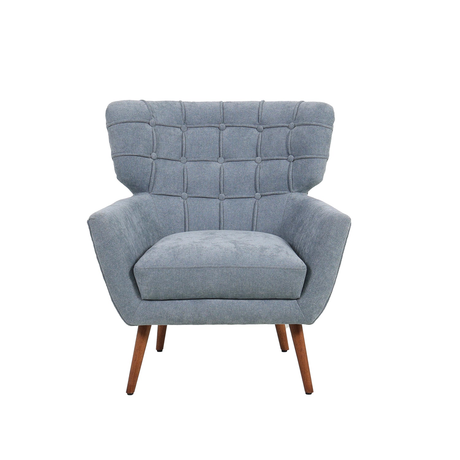 Grey-blue upholstered accent armchair featuring a button-tufted wingback backrest, generously padded seat cushion and tapered wooden legs.