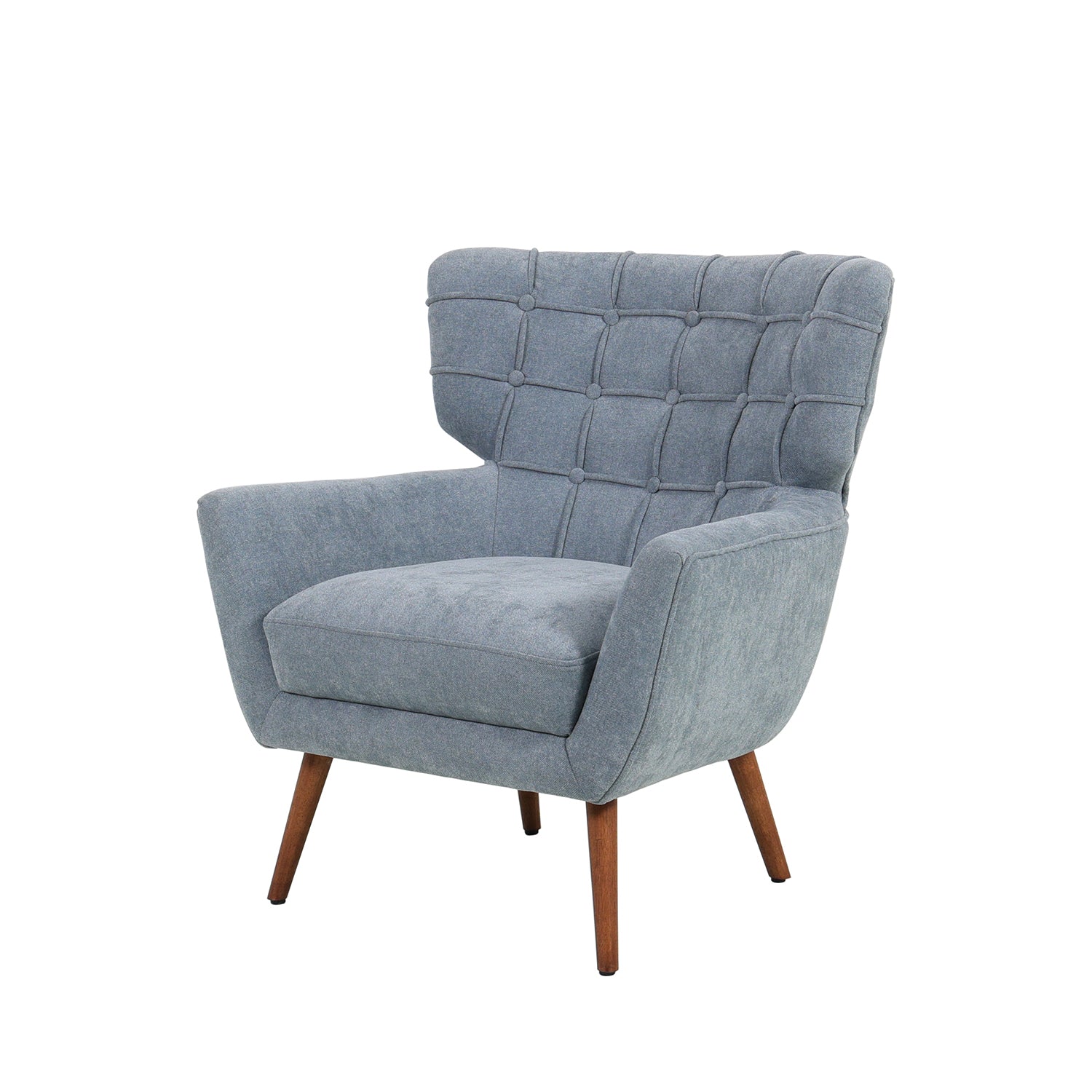 Grey-blue upholstered armchair with a button-tufted wingback design, wide cushioned seat, angled armrests and tapered wooden legs.
