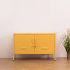 Design Republique Mila Low Locker Butter shown closed in a styled room setting with double doors, handles, locks and vent details.