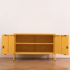 Design Republique Mila Low Locker Butter shown open with internal shelf storage and double-door access.