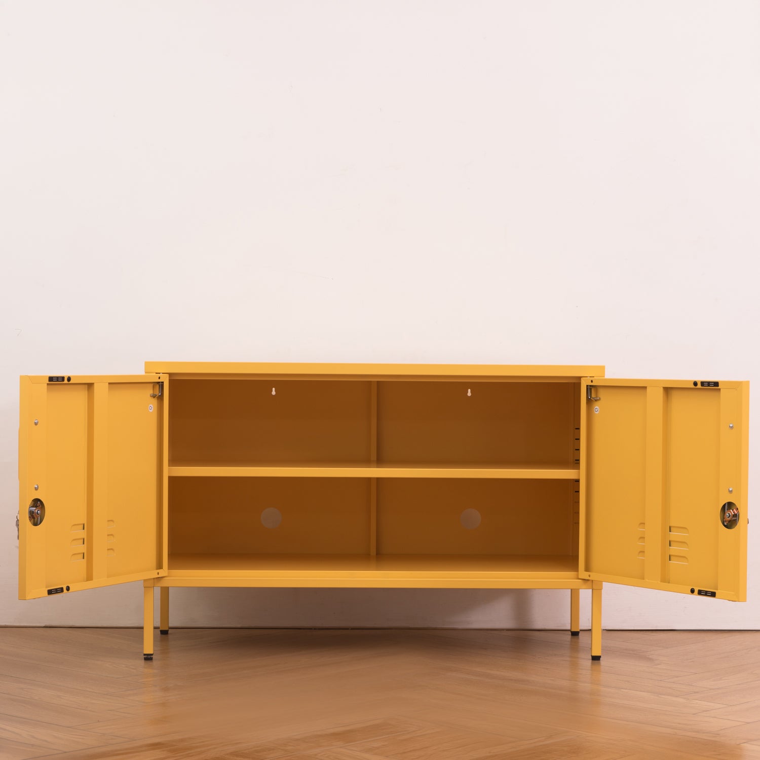 Design Republique Mila Low Locker Butter shown open with internal shelf storage and double-door access.