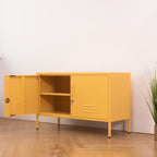 Design Republique Mila Low Locker Butter shown partially open on an angle with internal shelving and lockable doors.