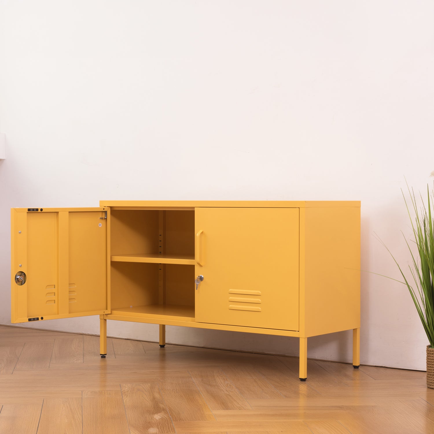 Design Republique Mila Low Locker Butter shown partially open on an angle with internal shelving and lockable doors.
