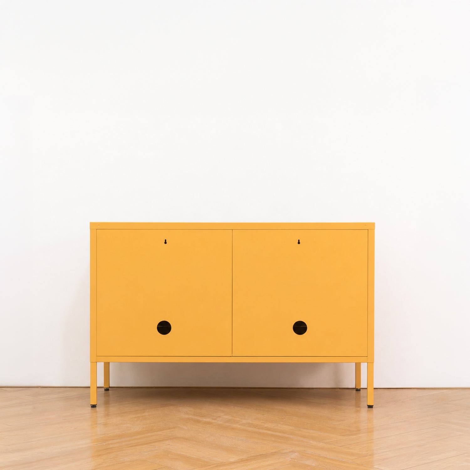 Design Republique Mila Low Locker Butter rear view showing the back panel, wall fixing holes and cable access holes.