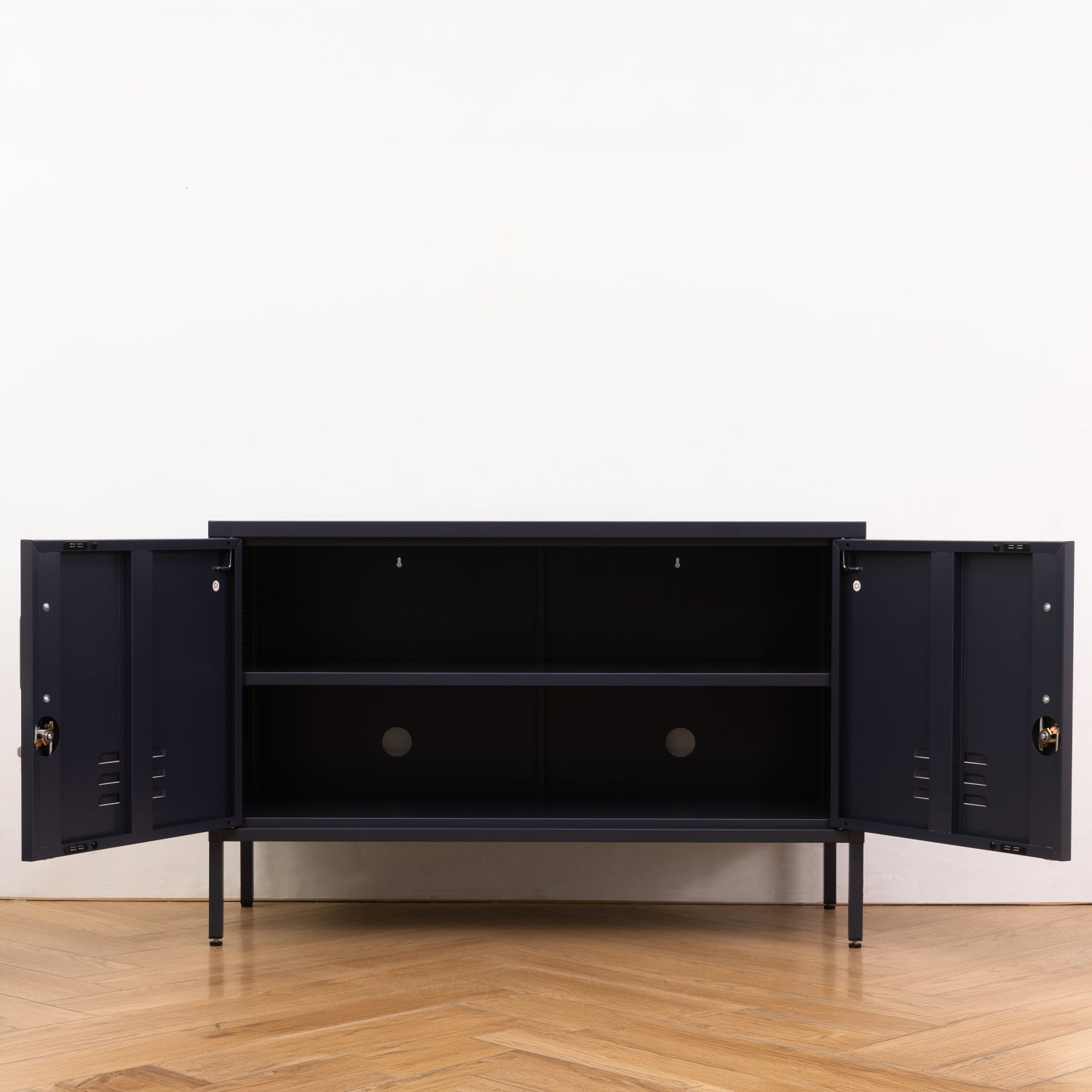 Design Republique Mila Low Locker Navy shown open with internal shelf storage and double-door access.